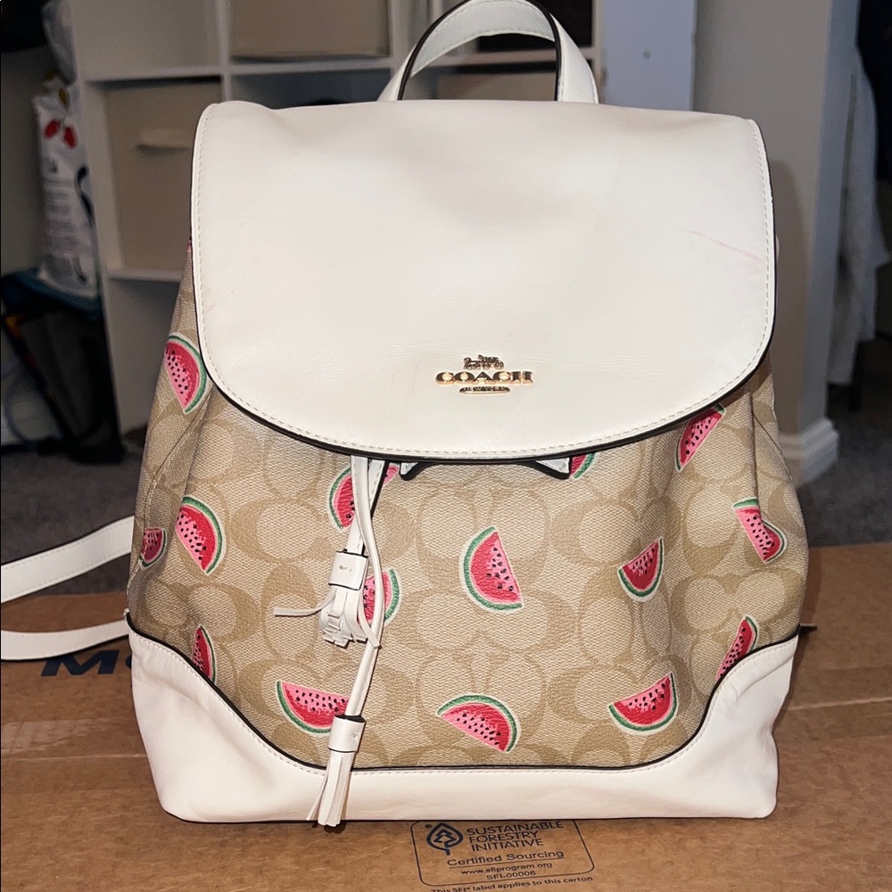 Coach White and Tan Backpack with Watermelon Design